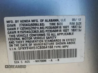 2012 Honda Pilot EX-L with VIN 5FNYF4H51CB064188, listed as a Copart auction lot 52684725 with 113,364 mi miles and Salvage Title. Bid and sale history available at DreamBid. Image 13.