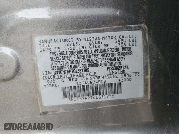 2016 Nissan Versa S z VIN 3N1CN7AP7GL851795, wystawiony jako Copart lot #60544815 z przebiegiem 78 812 mil mil oraz Szkoda całkowita • Salvage title. Historia ofert i sprzedaży dostępna na DreamBid. Obrazek 13.