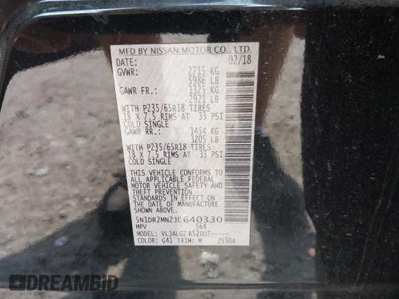2018 Nissan Pathfinder Platinum z VIN 5N1DR2MN2JC640330, wystawiony jako IAAI lot #42147082 z przebiegiem 179 728 mil mil oraz . Historia ofert i sprzedaży dostępna na DreamBid. Obrazek 9.