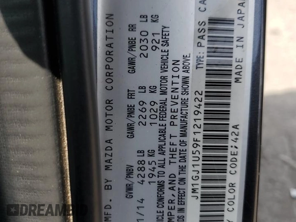 2015 Mazda 6 i Sport with VIN JM1GJ1U59F1219422, listed as a Copart auction lot 54201285 with 202,686 mi miles and Salvage Title. Bid and sale history available at DreamBid. Image 12.