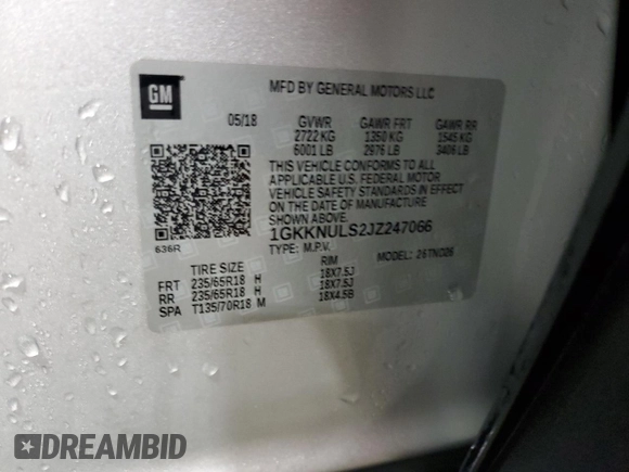 2018 GMC Acadia SLT with VIN 1GKKNULS2JZ247066, listed as a Copart auction lot 51149325 with 114,039 mi miles and Salvage Title. Bid and sale history available at DreamBid. Image 14.