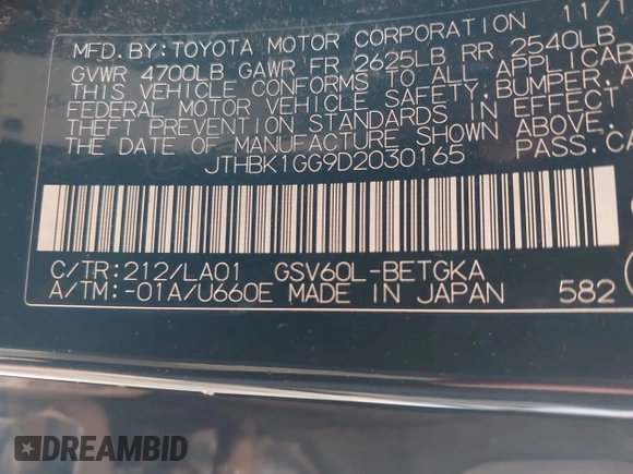 2013 Lexus ES 250 с VIN JTHBK1GG9D2030165, выставлен на аукционе IAAI как лот 42387621 с пробегом 143 044 миль миль и . История ставок и продаж доступна на DreamBid. Изображение 9.