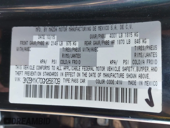 2016 Mazda 3 i Sport with VIN 3MZBM1K70GM268709, listed as a IAAI auction lot 41840008 with 134,459 mi miles and . Bid and sale history available at DreamBid. Image 9.