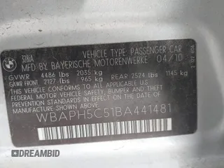 2011 BMW 3 Series 328i with VIN WBAPH5C51BA441481, listed as a IAAI auction lot 41891465 with 116,780 mi miles and . Bid and sale history available at carsss.com. Image 9.