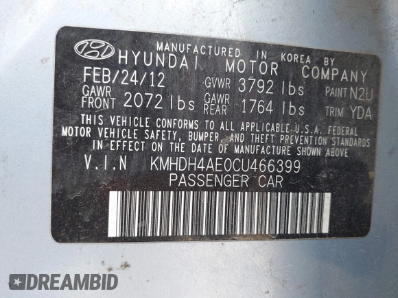 2012 Hyundai Elantra Limited с VIN KMHDH4AE0CU466399, выставлен на аукционе IAAI как лот 42309457 с пробегом 232 751 миль миль и . История ставок и продаж доступна на DreamBid. Изображение 9.
