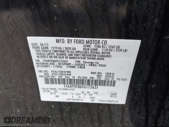 2015 Ford Taurus SEL z VIN 1FAHP2E86FG172631, wystawiony jako IAAI lot #42307630 z przebiegiem 95 184 mil mil oraz . Historia ofert i sprzedaży dostępna na DreamBid. Obrazek 9.