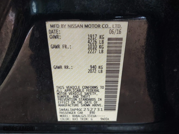 2016 Nissan Altima 2.5 SL with VIN 1N4AL3AP4GC252731, listed as a IAAI auction lot 41664998 with 143,068 mi miles. Bid and sale history available at carsss.com. Image 9.