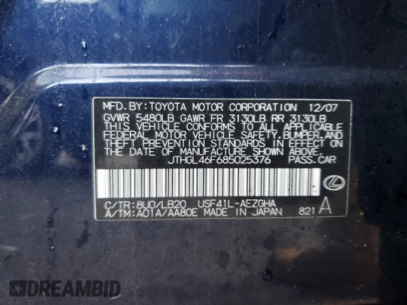 2008 Lexus LS 460 L with VIN JTHGL46F685025376, listed as a Copart auction lot 43646575 with 230,701 mi miles and Clean title. Bid and sale history available at DreamBid. Image 11.