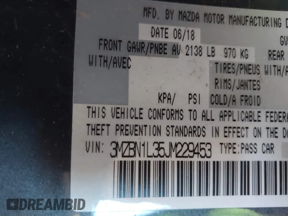 2018 Mazda 3 Touring with VIN 3MZBN1L35JM229453, listed as a IAAI auction lot 42123176 with 113,051 mi miles and . Bid and sale history available at DreamBid. Image 9.