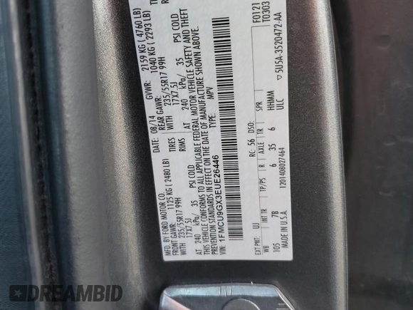2014 Ford Escape SE z VIN 1FMCU9GX3EUE26446, wystawiony jako Copart lot #57113865 z przebiegiem 145 699 mil mil oraz Szkoda całkowita • Salvage title. Historia ofert i sprzedaży dostępna na DreamBid. Obrazek 13.