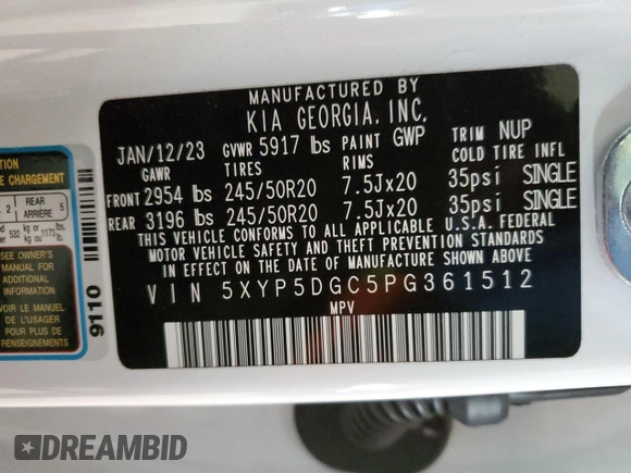 2023 Kia Telluride SX X-Line with VIN 5XYP5DGC5PG361512, listed as a Copart auction lot 78152114 with 28,693 mi miles and Salvage title. Bid and sale history available at DreamBid. Image 14.
