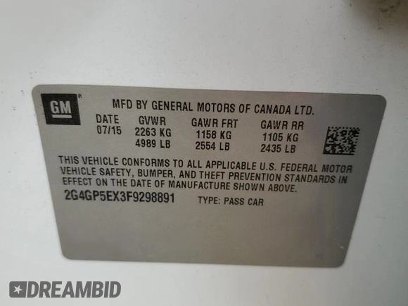 2015 Buick Regal Premium I with VIN 2G4GP5EX3F9298891, listed as a Copart auction lot 59920965 with Not provided miles and Clean title. Bid and sale history available at DreamBid. Image 13.