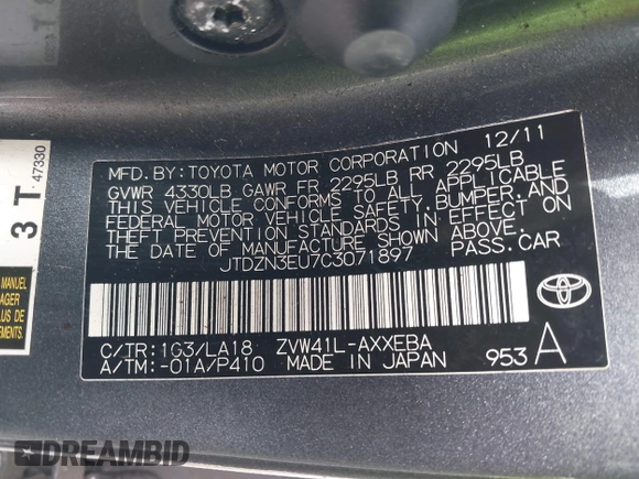 2012 Toyota Prius Two with VIN JTDZN3EU7C3071897, listed as a IAAI auction lot 42250945 with 87,020 mi miles and . Bid and sale history available at DreamBid. Image 9.