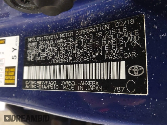 2018 Toyota Prius Two with VIN JTDKBRFU5J3059613, listed as a IAAI auction lot 41581314 with 142,505 mi miles and . Bid and sale history available at carsss.com. Image 9.
