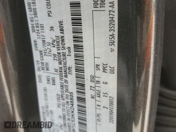 2019 Ford F-150 XL with VIN 1FTEW1C53KKD48805, listed as a Copart auction lot 48402225 with 88,343 mi miles and Salvage Title. Bid and sale history available at carsss.com. Image 14.