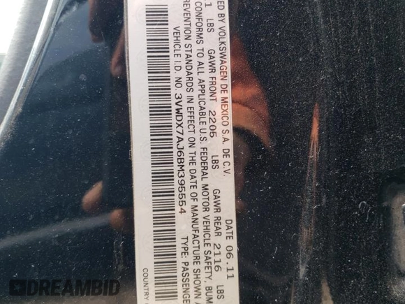 2011 Volkswagen Jetta SE with VIN 3VWDX7AJ6BM395554, listed as a Copart auction lot 57397585 with 139,857 mi miles and Salvage title. Bid and sale history available at DreamBid. Image 12.