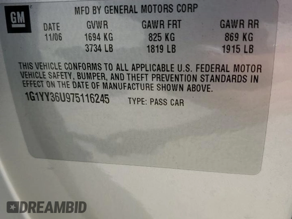 2007 Chevrolet Corvette z VIN 1G1YY36U975116245, wystawiony jako Copart lot #59045645 z przebiegiem 265 138 mil mil oraz Szkoda całkowita • Salvage title. Historia ofert i sprzedaży dostępna na DreamBid. Obrazek 12.