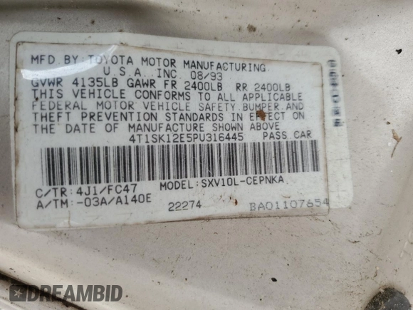 1993 Toyota Camry LE with VIN 4T1SK12E5PU316445, listed as a Copart auction lot 77534394 with 175,506 mi miles and Salvage Title. Bid and sale history available at carsss.com. Image 12.