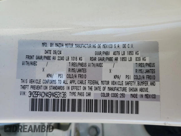 2025 Mazda 3 S Preferred with VIN 3MZBPACM4SM453138, listed as a Copart auction lot 49668775 with 3,975 mi miles and Salvage Title. Bid and sale history available at DreamBid. Image 14.