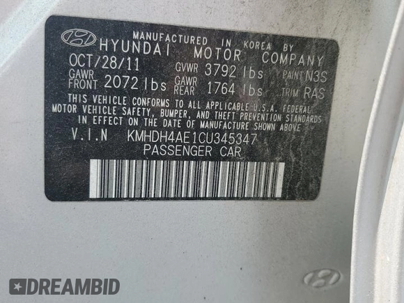 2012 Hyundai Elantra Limited z VIN KMHDH4AE1CU345347, wystawiony jako Copart lot #59025695 z przebiegiem 96 959 mil mil oraz Szkoda całkowita • Salvage title. Historia ofert i sprzedaży dostępna na DreamBid. Obrazek 12.