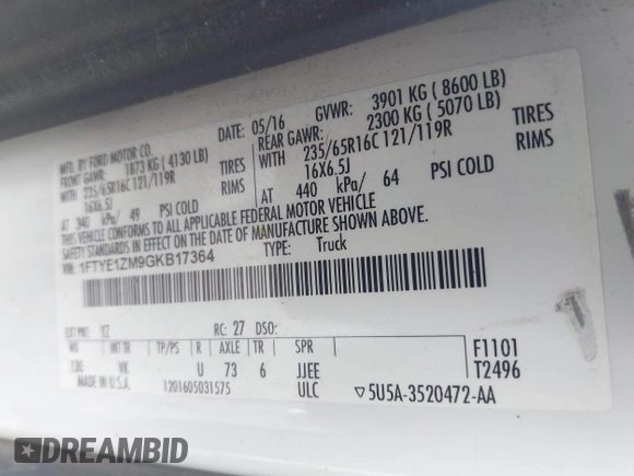 2016 Ford Transit Cargo with VIN 1FTYE1ZM9GKB17364, listed as a IAAI auction lot 42702871 with 142,000 mi miles and . Bid and sale history available at DreamBid. Image 9.