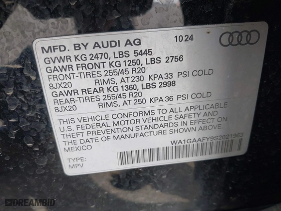 2025 Audi Q5 S line Premium with VIN WA1GAAFY9S2021963, listed as a IAAI auction lot 41840606 with 6,900 mi miles. Bid and sale history available at carsss.com. Image 9.