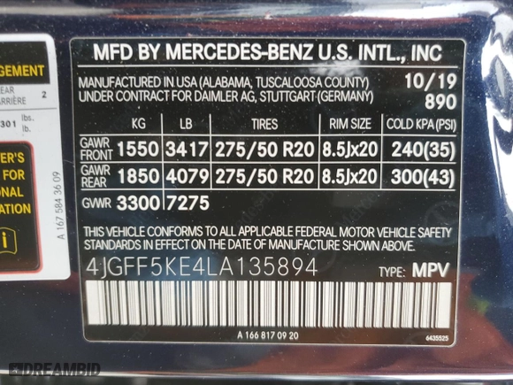 2020 Mercedes-Benz GLS with VIN 4JGFF5KE4LA135894, listed as a Copart auction lot 48895785 with 115,730 mi miles and Clean Title. Bid and sale history available at carsss.com. Image 13.