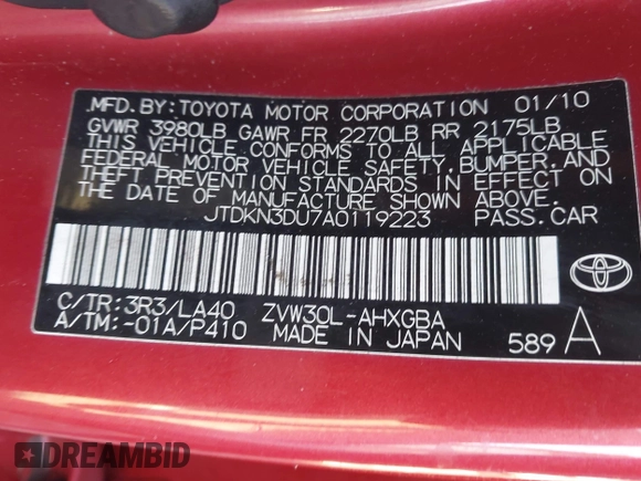 2010 Toyota Prius II with VIN JTDKN3DU7A0119223, listed as a IAAI auction lot 41750398 with 222,668 mi miles and . Bid and sale history available at DreamBid. Image 9.