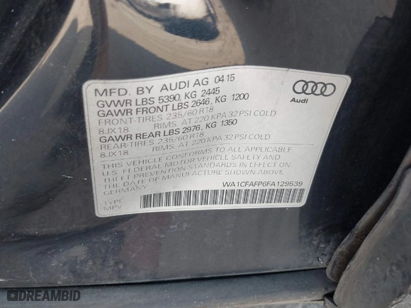 2015 Audi Q5 Premium with VIN WA1CFAFP6FA129539, listed as a IAAI auction lot 41378948 with 207,889 mi miles. Bid and sale history available at carsss.com. Image 9.