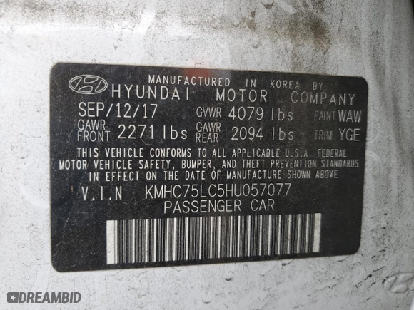 2017 Hyundai Ioniq Hybrid SEL with VIN KMHC75LC5HU057077, listed as a Copart auction lot 48026905 with 134,925 mi miles and Salvage Title. Bid and sale history available at carsss.com. Image 14.