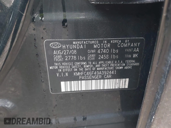 2009 Hyundai Azera Limited with VIN KMHFC46F49A392441, listed as a IAAI auction lot 41285125 with 122,613 mi miles and . Bid and sale history available at DreamBid. Image 9.