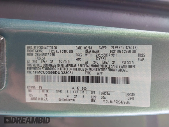 2013 Ford Escape SE with VIN 1FMCU0G96DUD23081, listed as a IAAI auction lot 42147883 with 117,275 mi miles and . Bid and sale history available at DreamBid. Image 9.