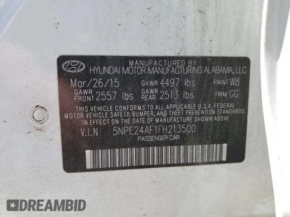 2015 Hyundai Sonata 2.4L SE with VIN 5NPE24AF1FH213500, listed as a Copart auction lot 54157525 with 137,651 mi miles and Salvage Title. Bid and sale history available at carsss.com. Image 12.
