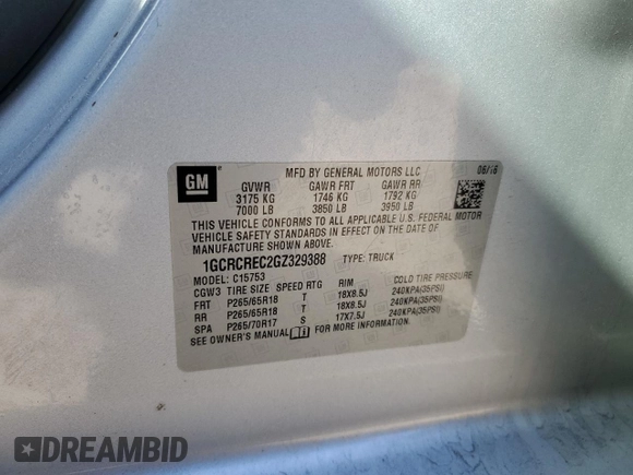 2016 Chevrolet Silverado 1500 LT with VIN 1GCRCREC2GZ329388, listed as a Copart auction lot 89204955 with 133,503 mi miles and Salvage Title. Bid and sale history available at DreamBid. Image 15.