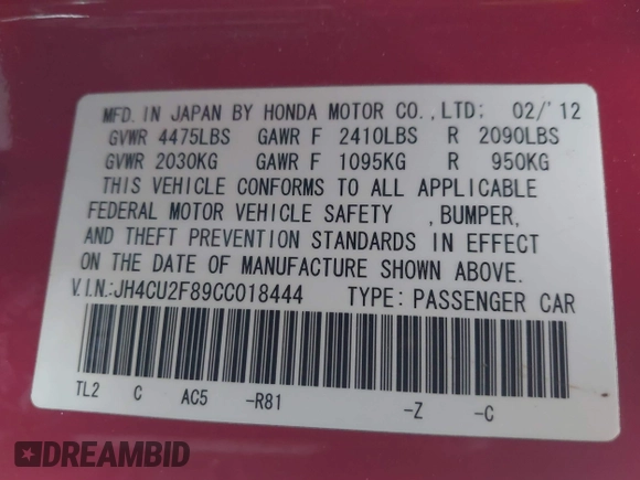 2012 Acura TSX Special Edition with VIN JH4CU2F89CC018444, listed as a IAAI auction lot 41398714 with 134,827 mi miles. Bid and sale history available at carsss.com. Image 9.