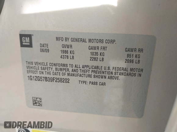 2009 Chevrolet Malibu 1LS with VIN 1G1ZG57B39F258202, listed as a IAAI auction lot 42059270 with 157,256 mi miles and . Bid and sale history available at DreamBid. Image 9.
