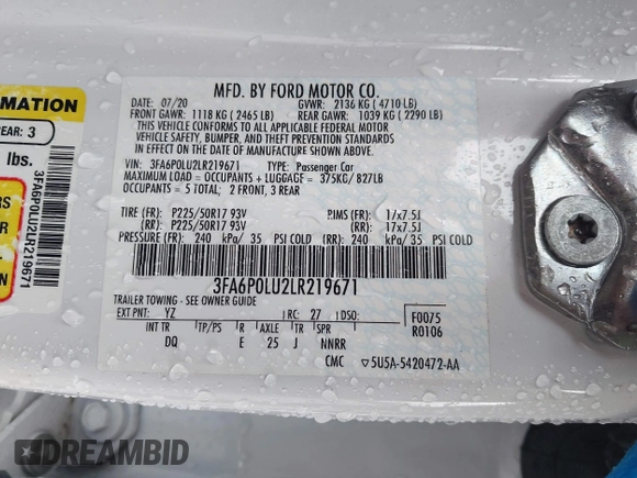 2020 Ford Fusion SE z VIN 3FA6P0LU2LR219671, wystawiony jako IAAI lot #41996821 z przebiegiem Nie podano mil oraz . Historia ofert i sprzedaży dostępna na DreamBid. Obrazek 9.