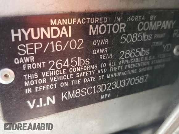 2003 Hyundai Santa Fe GLS z VIN KM8SC13D23U370587, wystawiony jako Copart lot #52775885 z przebiegiem Nie podano mil oraz Szkoda całkowita • Salvage title. Historia ofert i sprzedaży dostępna na DreamBid. Obrazek 13.