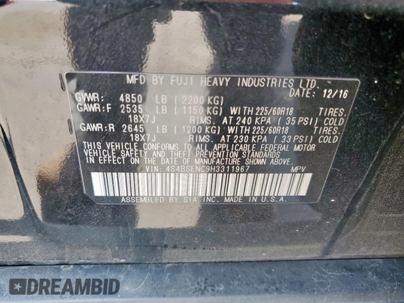 2017 Subaru Outback Limited с VIN 4S4BSENC9H3311967, выставлен на аукционе Copart как лот 57674895 с пробегом 88 361 миль миль и Списание • Salvage title. История ставок и продаж доступна на DreamBid. Изображение 13.