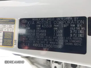 2017 Kia Niro Touring with VIN KNDCE3LC3H5070998, listed as a IAAI auction lot 41448651 with 54,760 mi miles. Bid and sale history available at carsss.com. Image 9.