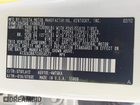 2012 Toyota Venza LE with VIN 4T3ZA3BB7CU058577, listed as a IAAI auction lot 41884367 with 175,256 mi miles and . Bid and sale history available at DreamBid. Image 9.