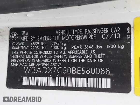 2011 BMW 3 Series 335i with VIN WBADX7C50BE580088, listed as a IAAI auction lot 41309990 with Not Provided miles and . Bid and sale history available at carsss.com. Image 9.