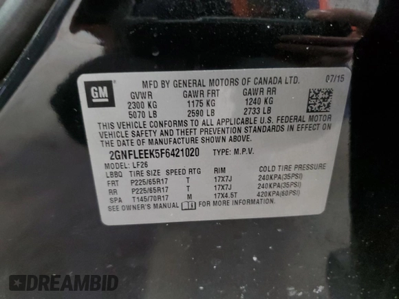 2015 Chevrolet Equinox LS with VIN 2GNFLEEK5F6421020, listed as a Copart auction lot 87921085 with 128,469 mi miles and Salvage Title. Bid and sale history available at carsss.com. Image 14.