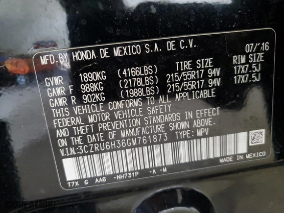 2016 Honda HR-V LX with VIN 3CZRU6H36GM761873, listed as a Copart auction lot 53177945 with 85,950 mi miles and Clean Title. Bid and sale history available at carsss.com. Image 12.