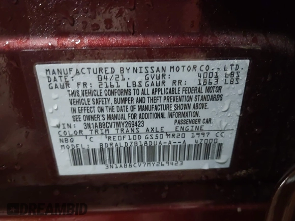 2021 Nissan Sentra SV z VIN 3N1AB8CV7MY269423, wystawiony jako IAAI lot #41393329 z przebiegiem 45 417 mil mil oraz . Historia ofert i sprzedaży dostępna na DreamBid. Obrazek 9.