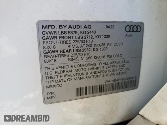 2022 Audi Q5 Premium with VIN WA1ABAFY8N2099612, listed as a Copart auction lot 53869445 with 32,603 mi miles and Salvage title. Bid and sale history available at DreamBid. Image 13.