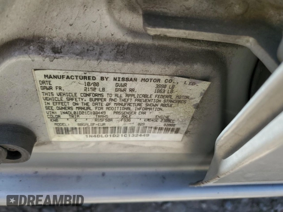 2001 Nissan Altima GXE with VIN 1N4DL01D21C132449, listed as a Copart auction lot 54975484 with 177,524 mi miles and Salvage Title. Bid and sale history available at carsss.com. Image 14.