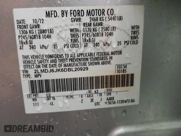 2013 Lincoln MKX with VIN 2LMDJ6JK6DBL20929, listed as a Copart auction lot 59767254 with 163,180 mi miles and Salvage Title. Bid and sale history available at DreamBid. Image 13.