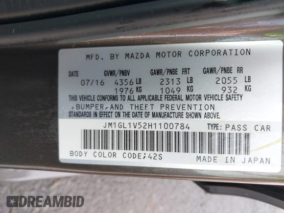 2017 Mazda Mazda6 Touring with VIN JM1GL1V52H1100784, listed as a IAAI auction lot 41818188 with 17,807 mi miles. Bid and sale history available at carsss.com. Image 9.
