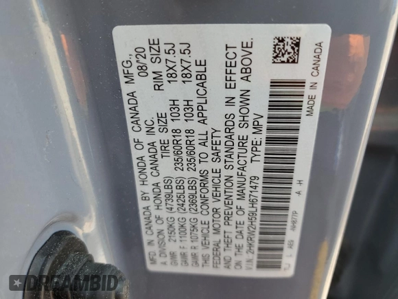2020 Honda CR-V EX with VIN 2HKRW2H59LH671479, listed as a Copart auction lot 58691735 with 55,391 mi miles and Salvage title. Bid and sale history available at DreamBid. Image 13.